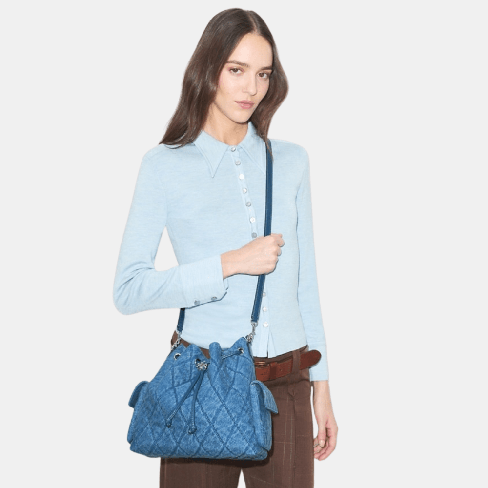 Buy Tory Burch Charlie Quilted Denim Drawstring Shoulder Bag in Pakistan