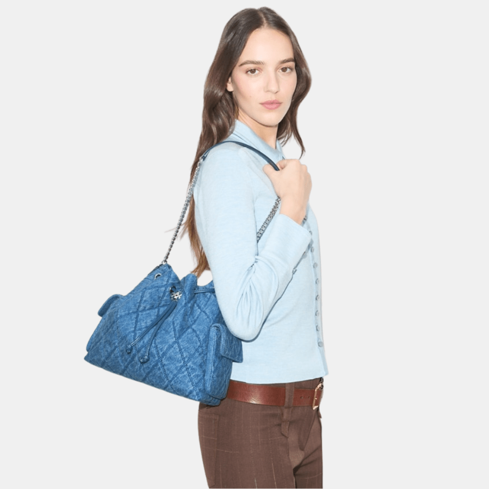 Buy Tory Burch Charlie Quilted Denim Drawstring Shoulder Bag in Pakistan