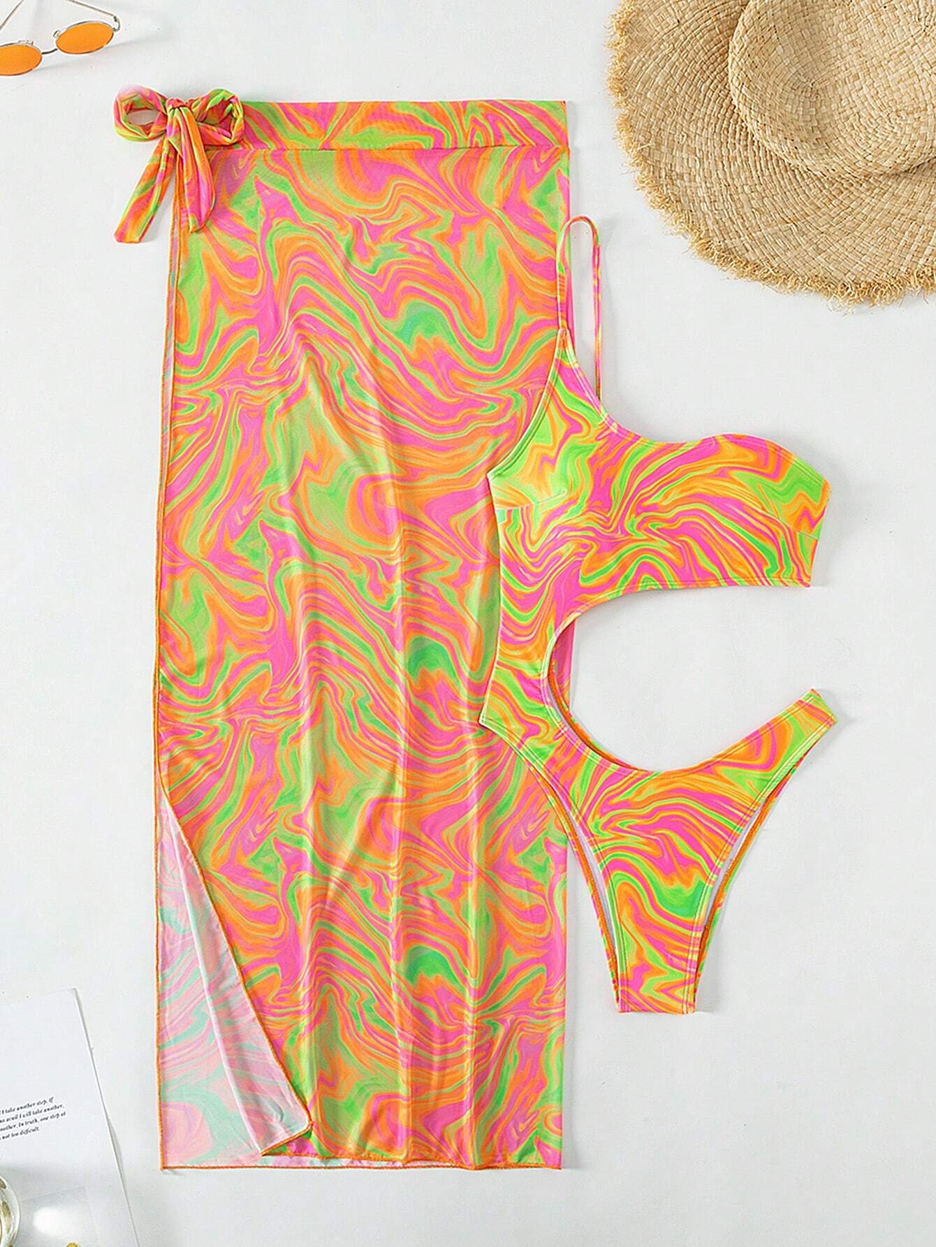 Buy SHEIN Allover Print One Shoulder One Piece Swimsuit With Beach Skirt in Pakistan