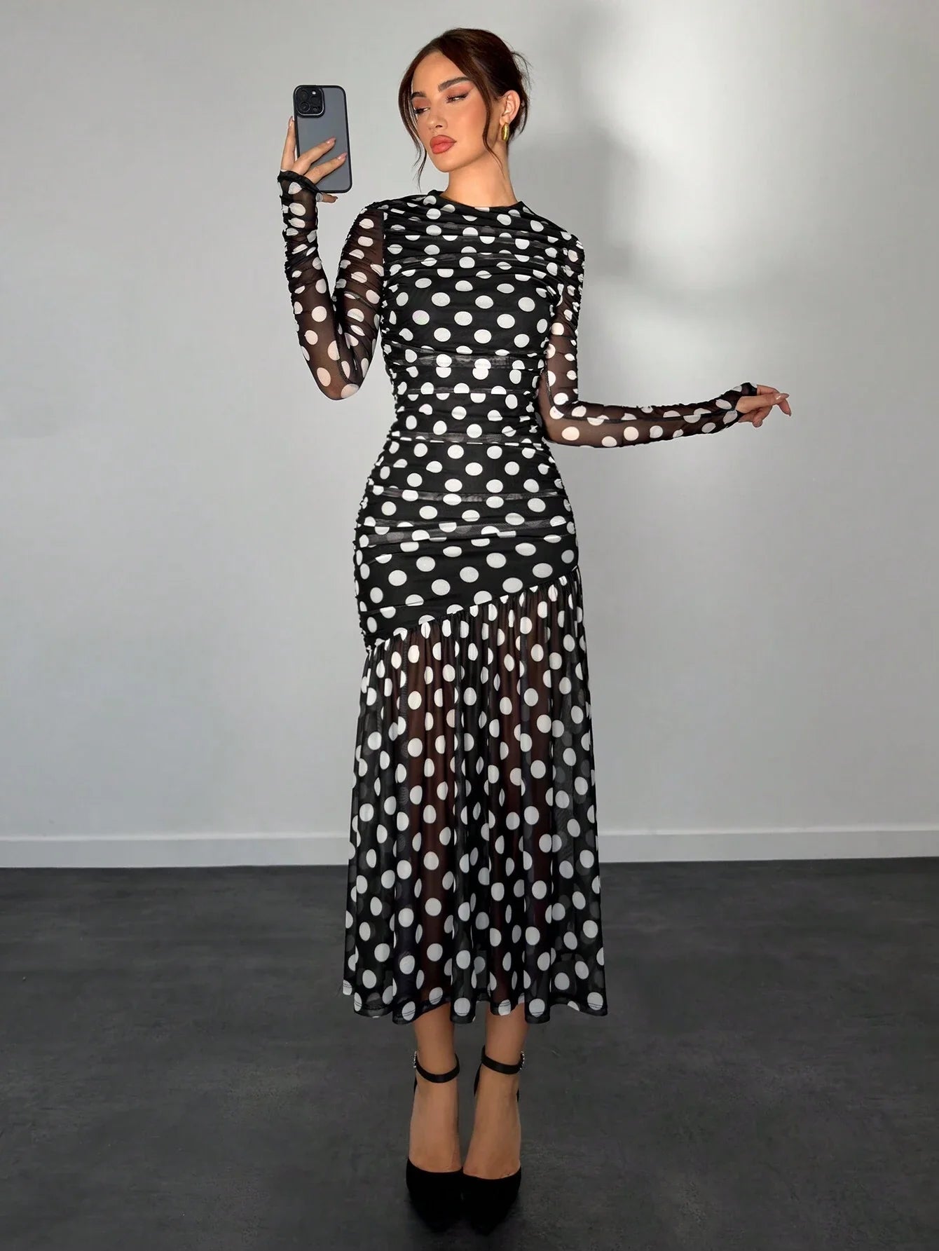 SHEIN Aloruh Autumn/Winter New Polka Dot Print Long Dress