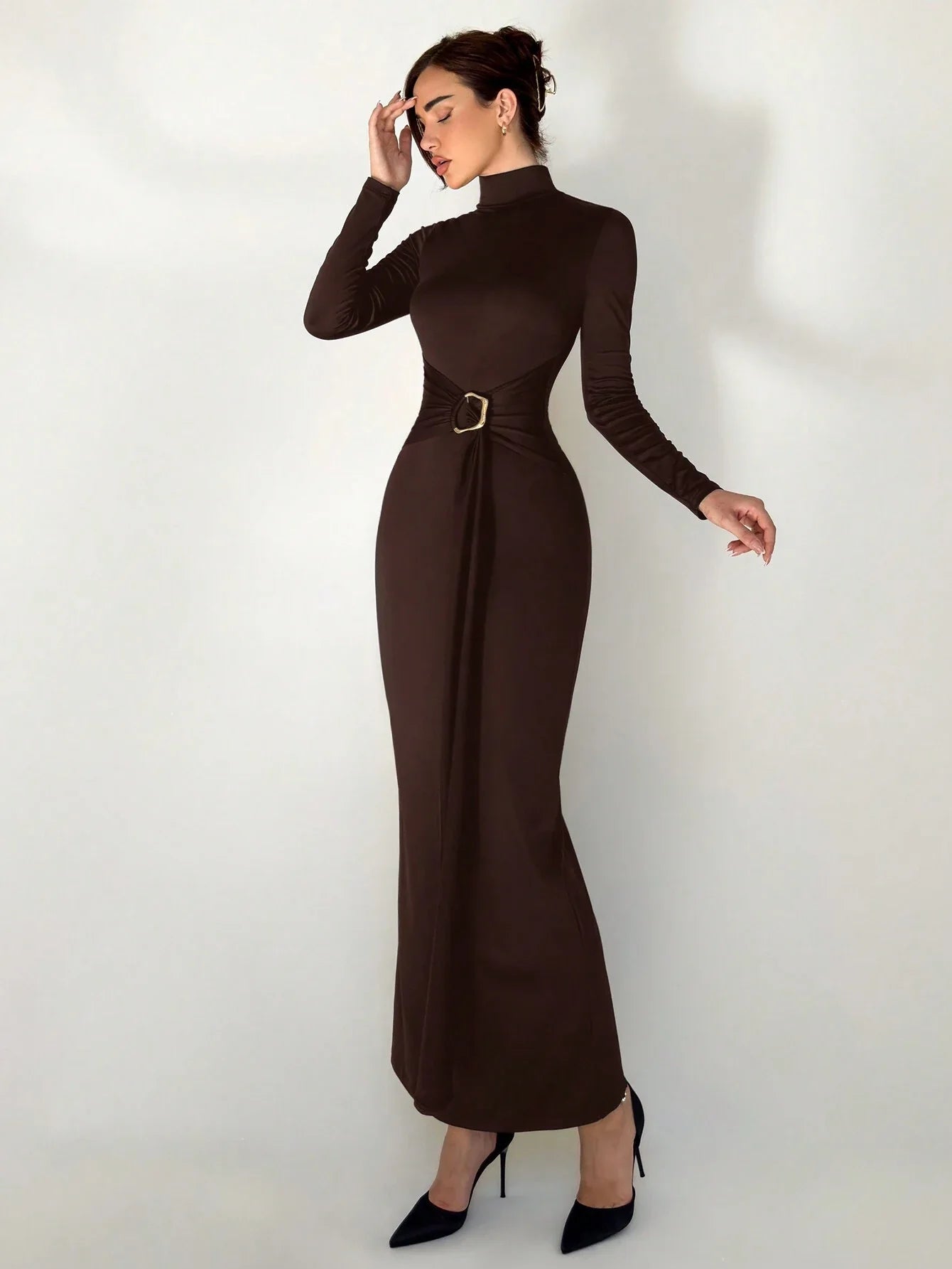 Buy SHEIN Aloruh Autumn/Winter New Slim Fit Warm Stand Collar Long Sleeve Cinched Waist Extra-Long Versatile Knit Dress in Pakistan