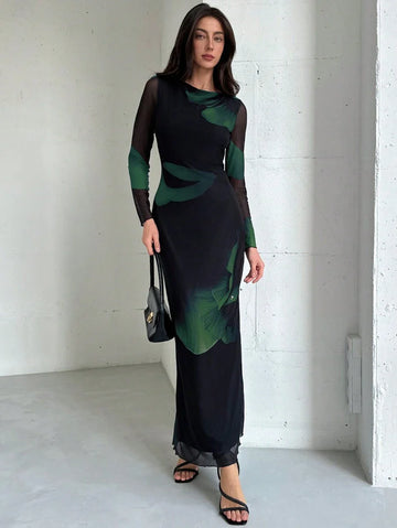 Buy SHEIN Aloruh Elegant Boat Neckline Long Sleeve Tie Dye Mesh Print Cocktail Party Dress in Pakistan