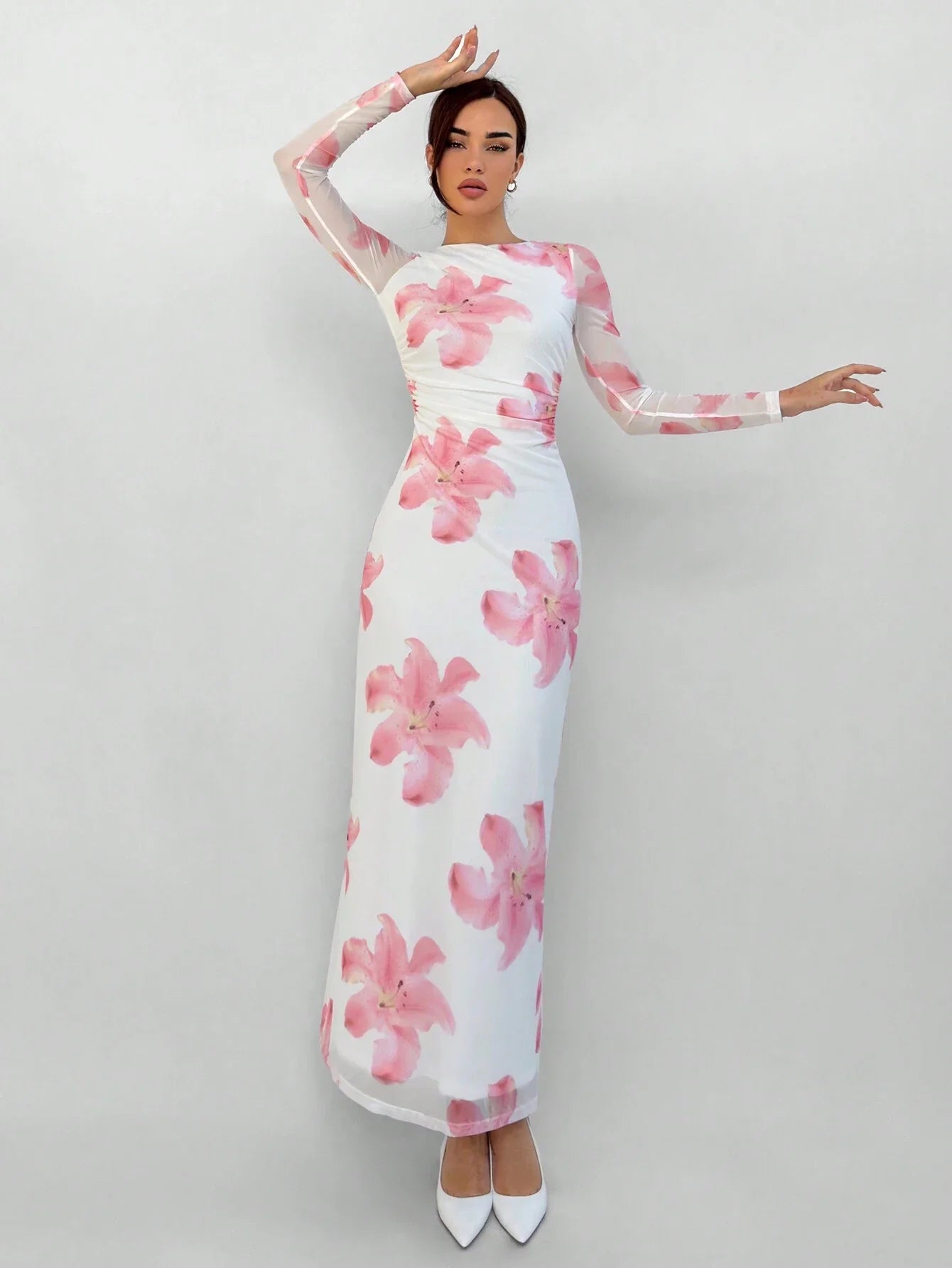 Buy SHEIN Aloruh Romantic Date Night Floral Print Pleated Long Sleeve Dress For Women in Pakistan