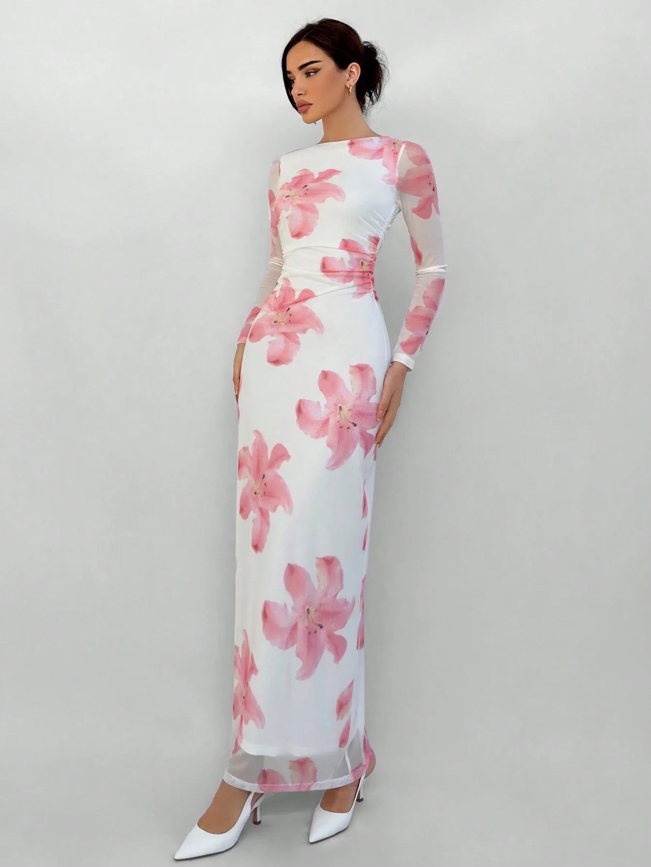 Buy SHEIN Aloruh Romantic Date Night Floral Print Pleated Long Sleeve Dress For Women in Pakistan