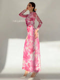 Buy SHEIN Aloruh Valentine's Day Pink Floral Print Long Sleeve Maxi Mesh Dress For Women in Pakistan