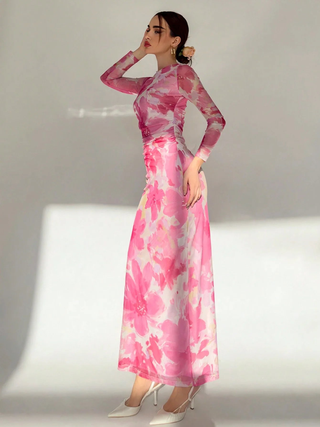 Buy SHEIN Aloruh Valentine's Day Pink Floral Print Long Sleeve Maxi Mesh Dress For Women in Pakistan
