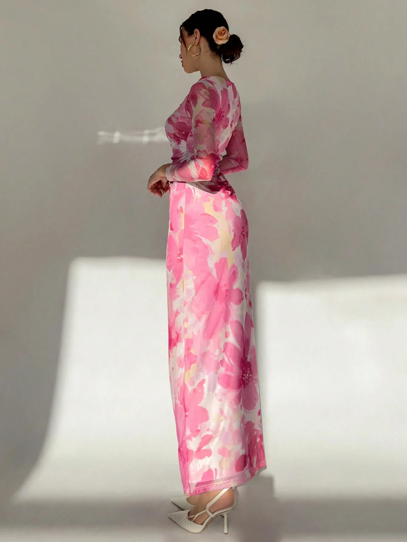 Buy SHEIN Aloruh Valentine's Day Pink Floral Print Long Sleeve Maxi Mesh Dress For Women in Pakistan