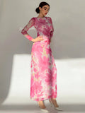 Buy SHEIN Aloruh Valentine's Day Pink Floral Print Long Sleeve Maxi Mesh Dress For Women in Pakistan