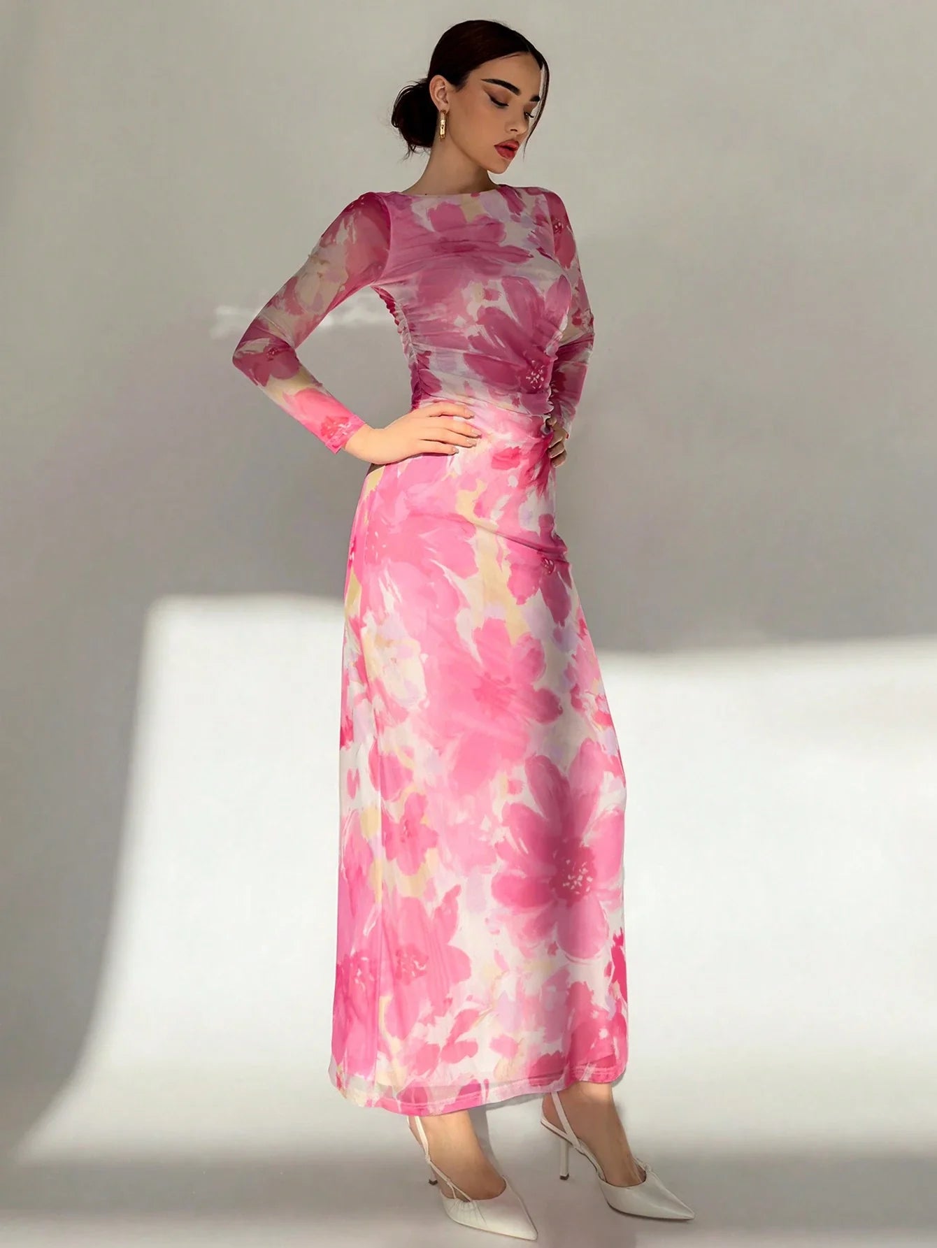 Buy SHEIN Aloruh Valentine's Day Pink Floral Print Long Sleeve Maxi Mesh Dress For Women in Pakistan