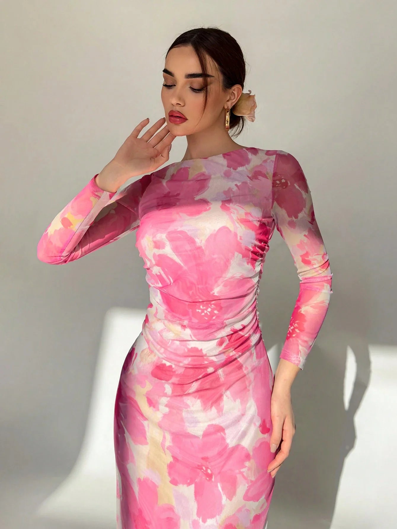 Buy SHEIN Aloruh Valentine's Day Pink Floral Print Long Sleeve Maxi Mesh Dress For Women in Pakistan