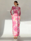 Buy SHEIN Aloruh Valentine's Day Pink Floral Print Long Sleeve Maxi Mesh Dress For Women in Pakistan