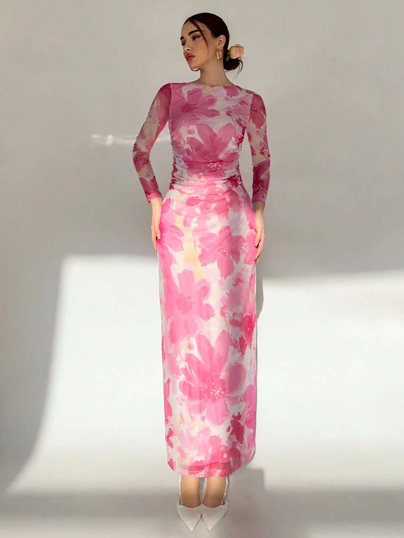 Buy SHEIN Aloruh Valentine's Day Pink Floral Print Long Sleeve Maxi Mesh Dress For Women in Pakistan