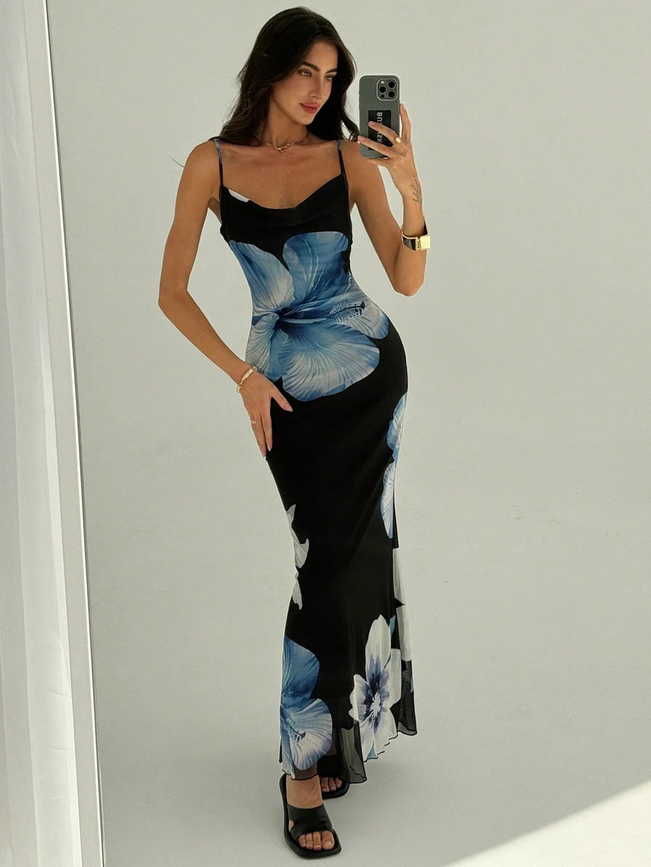 Buy SHEIN Aloruh Women's Floral Printed Slim Fit Low-Cut Draped Neck Cami Dress With Sheer Back And Spaghetti Straps in Pakistan