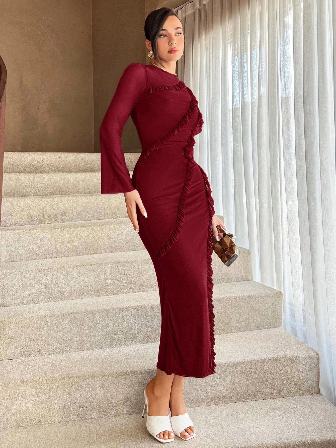 Buy SHEIN Aloruh Women's Solid Color Ruffled Hem Flared Sleeve Dress in Pakistan