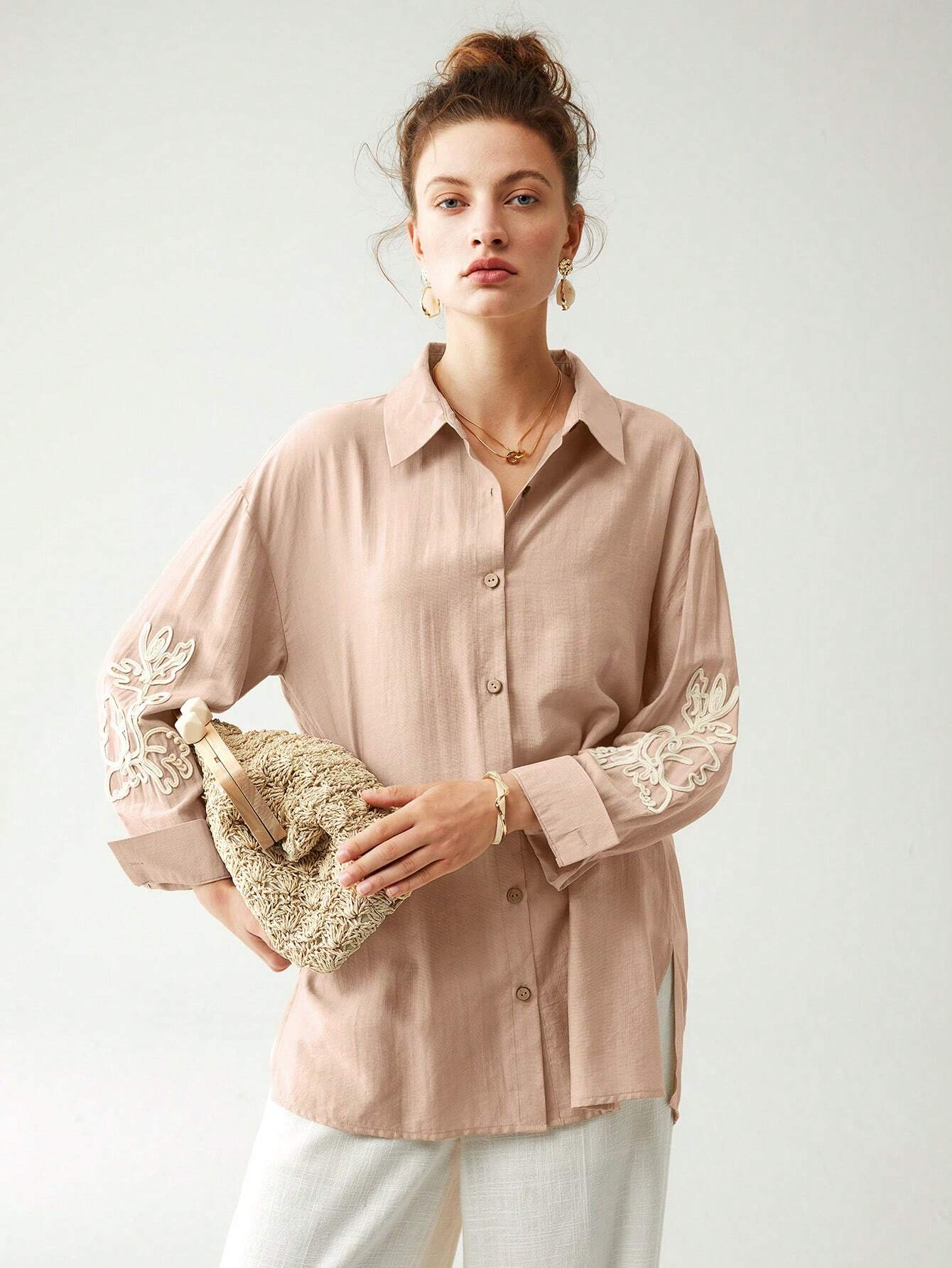 Buy SHEIN Anewsta Cotton Linen Texture Vacation Rose Hand Cranked Shirts in Pakistan