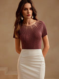 Buy SHEIN Anewsta Women's Elegant Short Sleeve Rhinestone Decor Semi-Sheer Knit Top in Pakistan