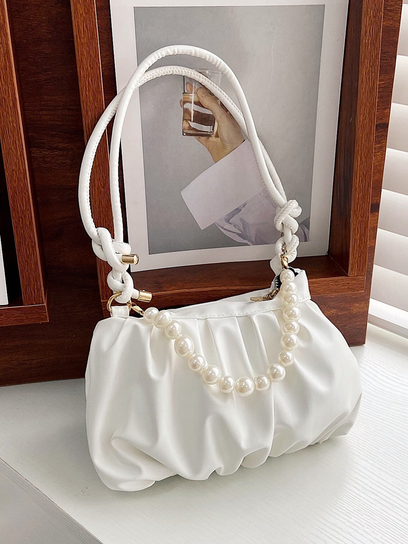 Buy SHEIN Argyle Princess Faux Pearl & Rhinestone Pearl Chain & Decor Minimalist Pearls Decor Ruched Bag For Party, Wedding, Prom And Dinner, Lipsticks, Women's Pearl BagMinimalist,Fashion in Pakistan