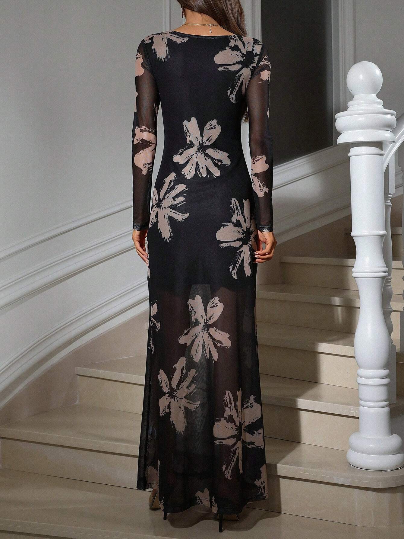 Buy SHEIN Aveloria Modichic Brush Stroke Floral Print Sheer Waist-Cinching Dress For Ladies Dresses For Women Elegant in Pakistan