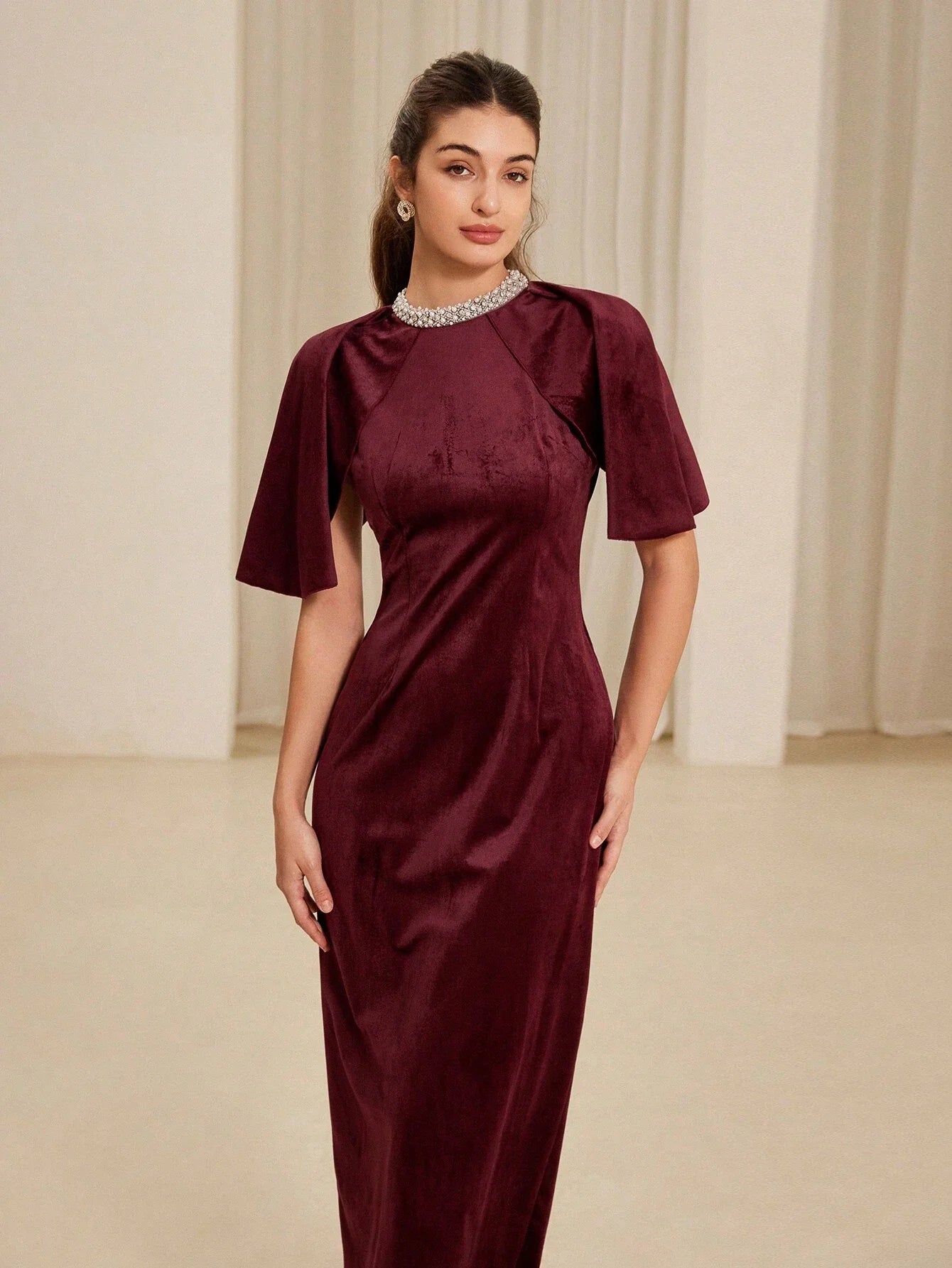 Buy SHEIN Aveloria Rosie Elegant Beaded Collar Waist Cinched Velvet Bodycon Dress in Pakistan