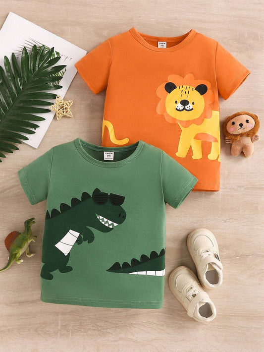 Buy SHEIN Baby Boy 2pcs/Set Cute Animal Dinosaur & Lion Pattern Print Short Sleeve T-Shirt For Spring And Summer in Pakistan