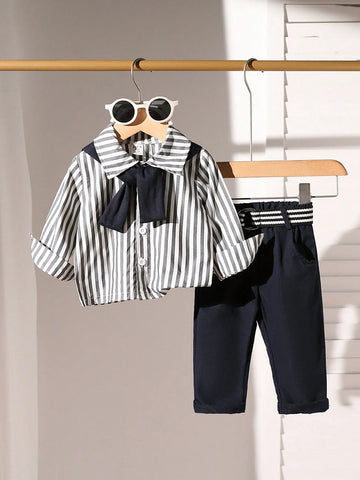 Buy SHEIN Baby Boy 2pcs Set: Striped Stylish Shirt And Black Suit Pants in Pakistan