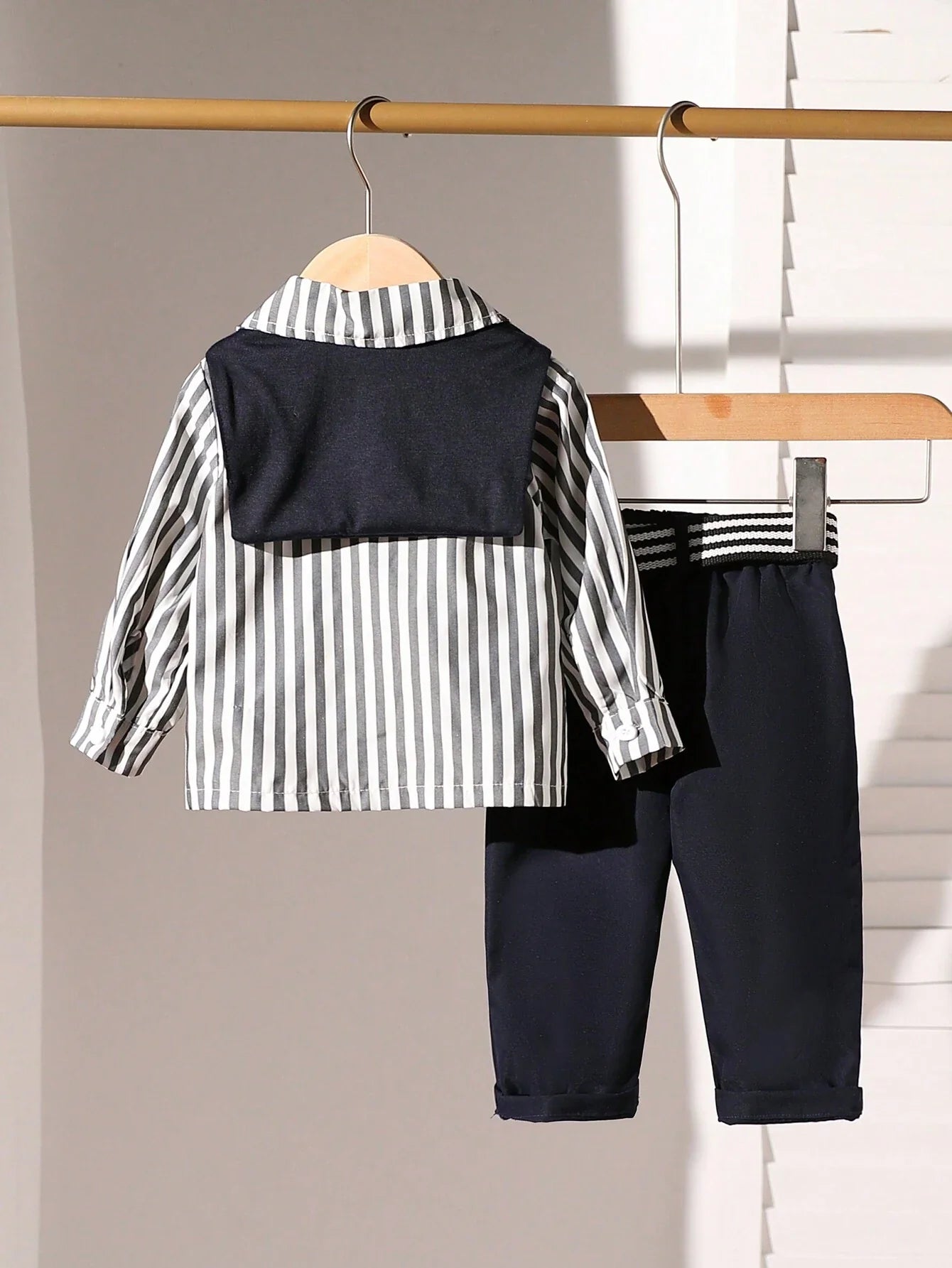 Buy SHEIN Baby Boy 2pcs Set: Striped Stylish Shirt And Black Suit Pants in Pakistan