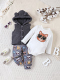 Buy SHEIN Baby Boy 3D Ear Patched Hooded Teddy Vest Coat & 1pc Cartoon Graphic Bodysuit & 1pc Pants in Pakistan