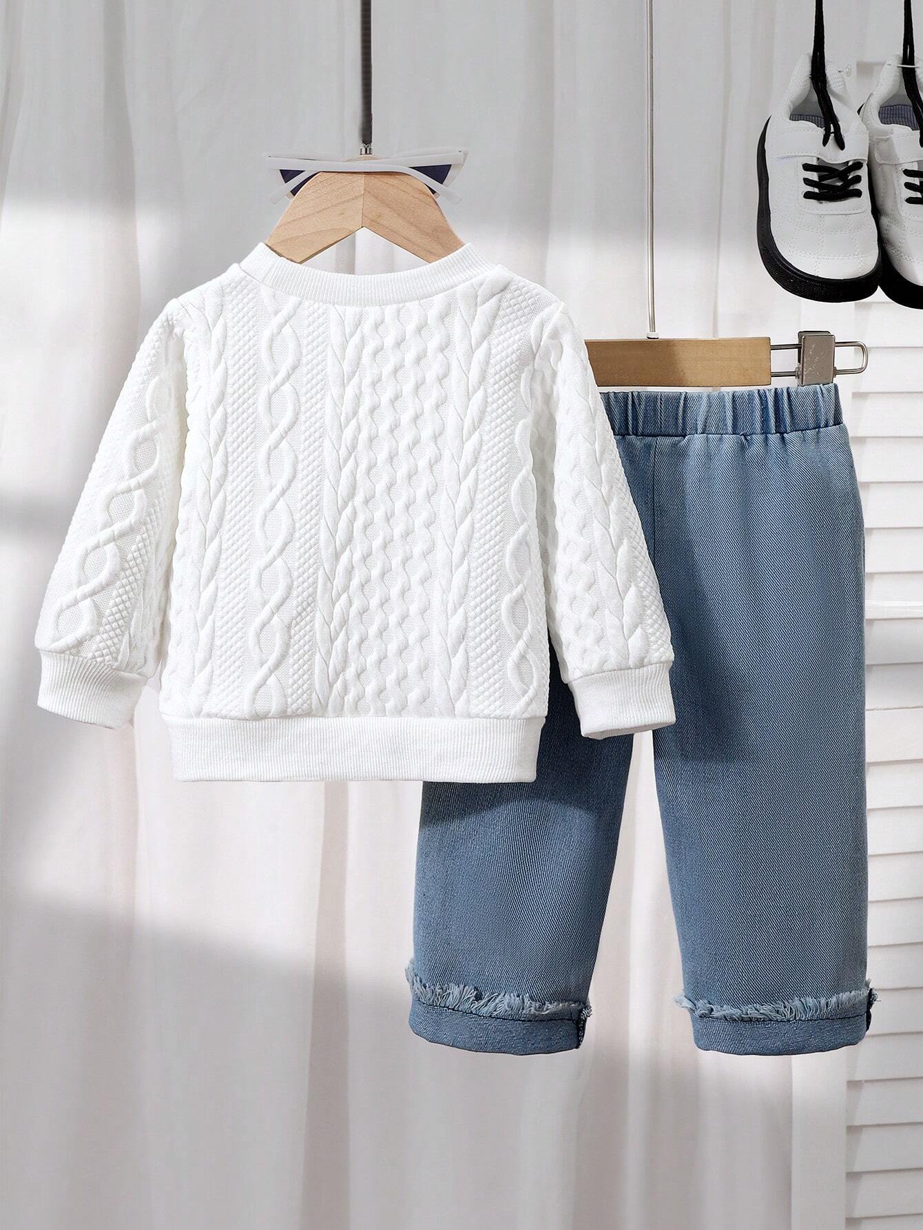 Buy Baby Boy Patchwork Denim Pocket Round Neck Long Sleeve Top And Distressed Jeans Set in Pakistan