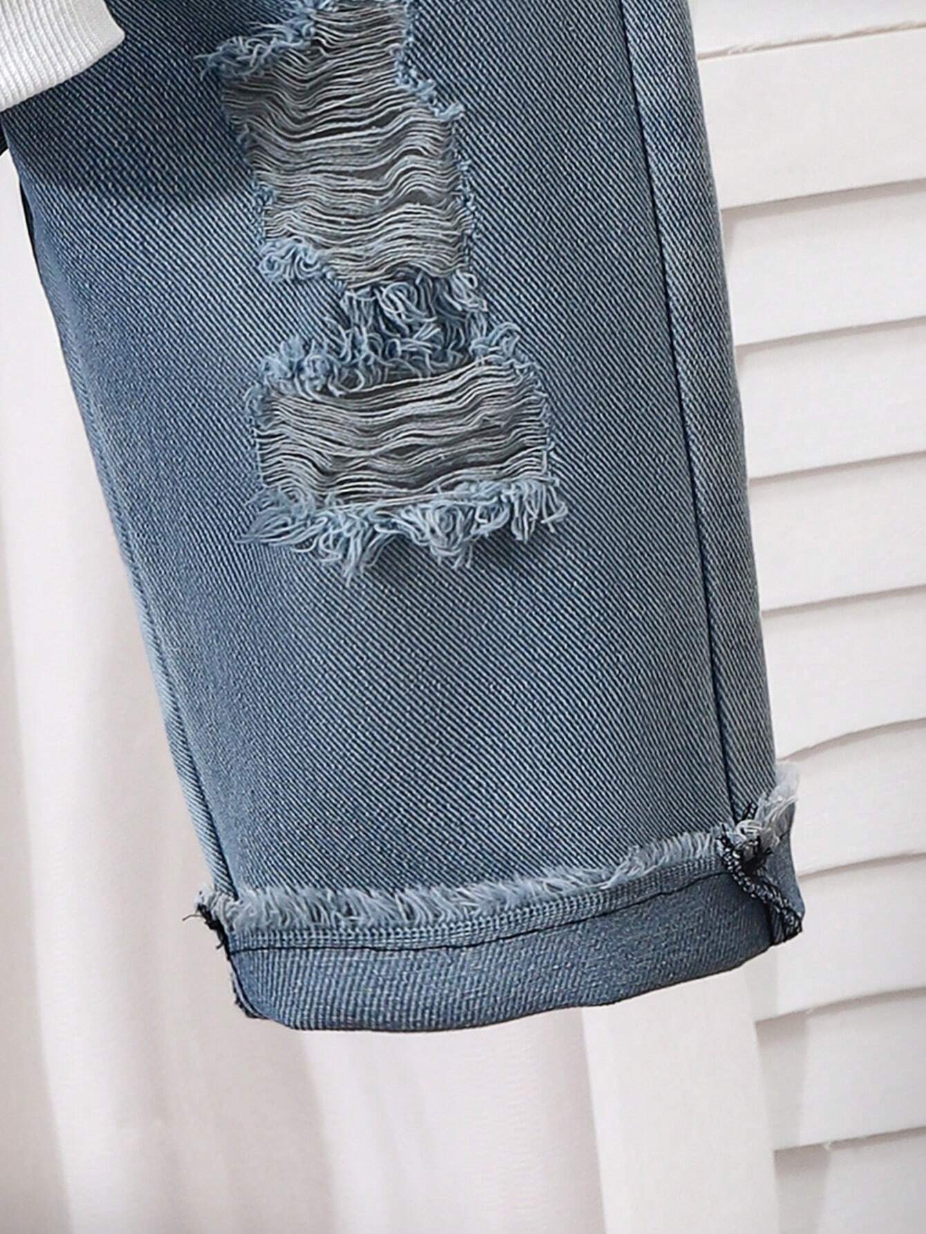 Buy Baby Boy Patchwork Denim Pocket Round Neck Long Sleeve Top And Distressed Jeans Set in Pakistan