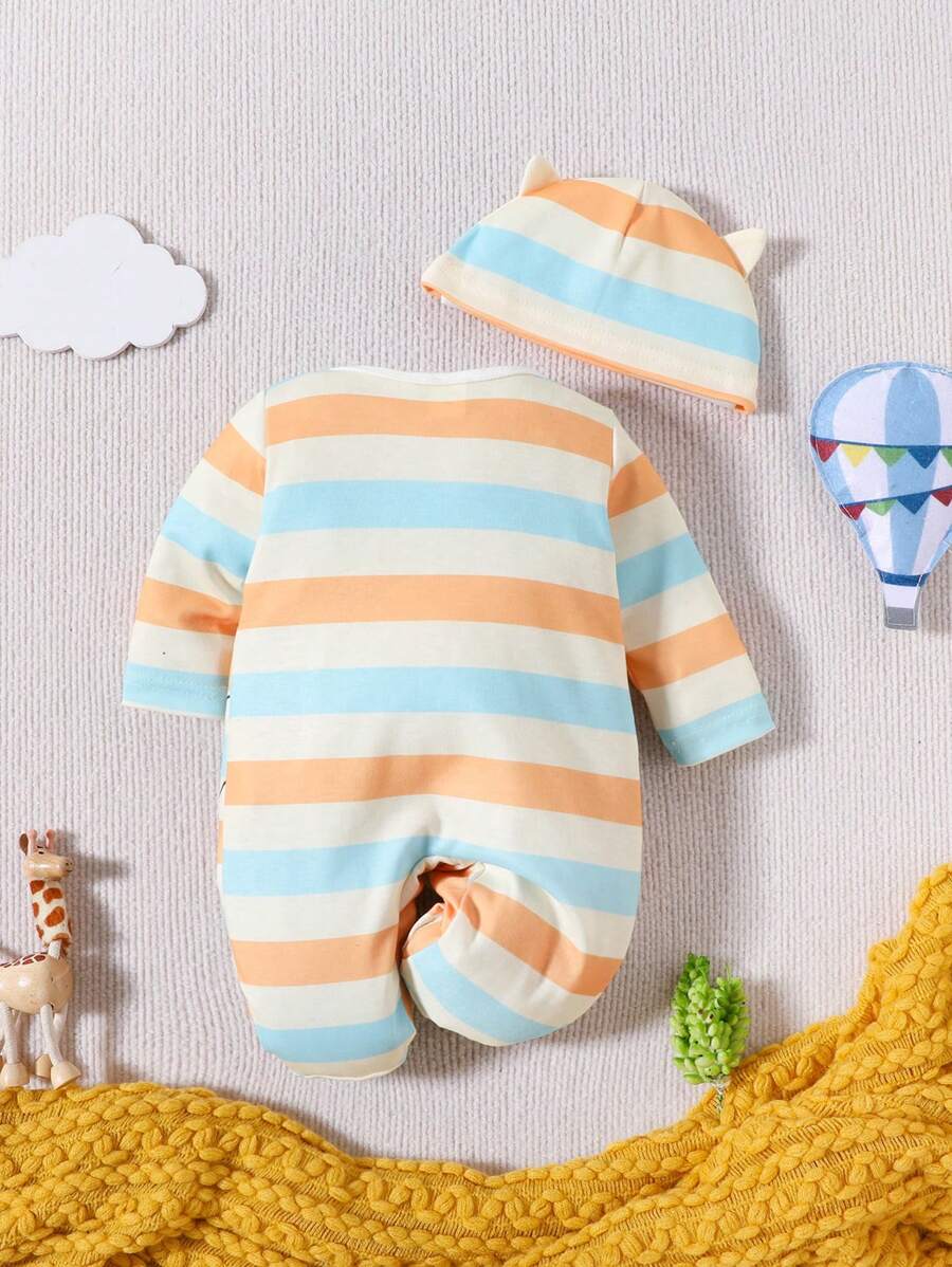 Buy SHEIN Baby Boy Striped & Cartoon Graphic Button Front Jumpsuit & Hat PJ Set in Pakistan