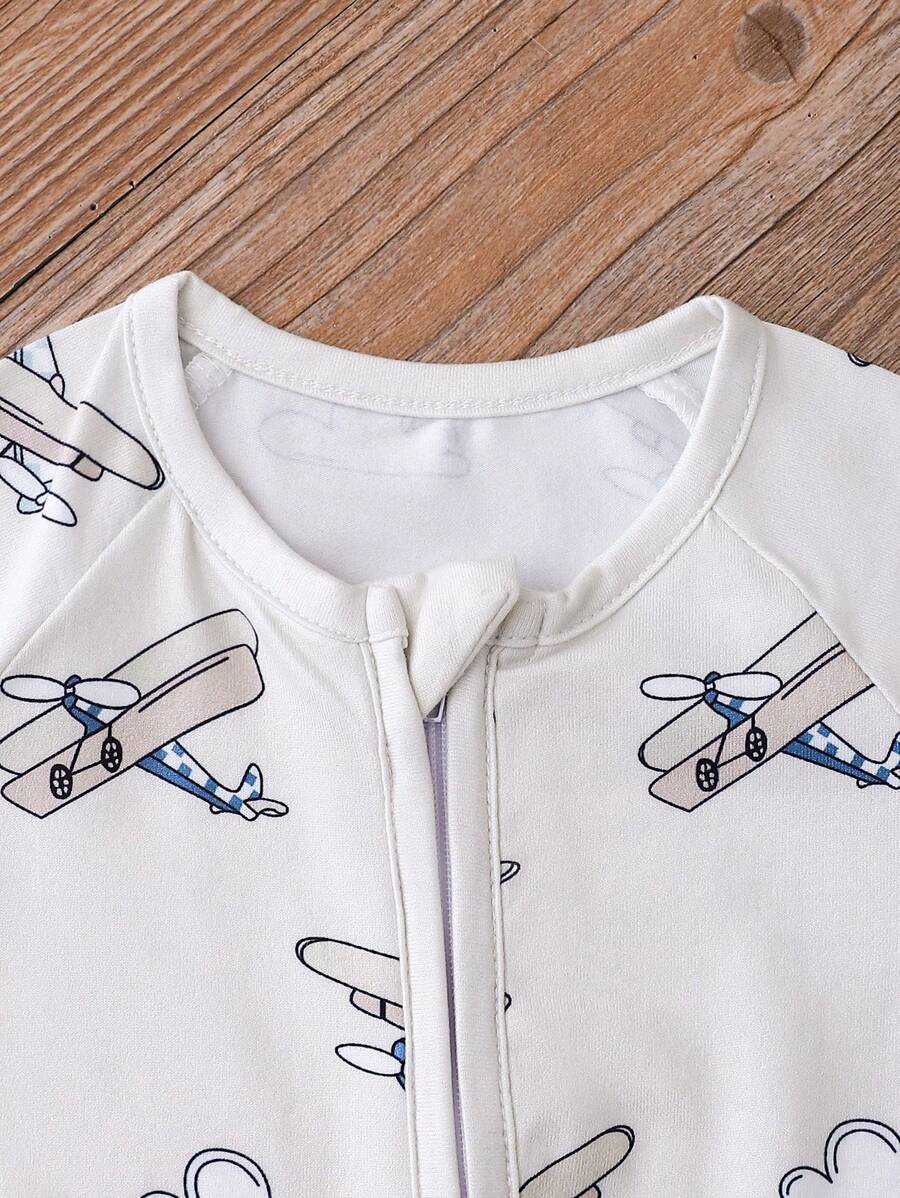 Buy SHEIN Baby Boys' Airplane Pattern Reversible Footie With Fold-Over Sleeves And Feet in Pakistan