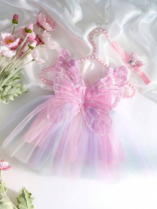 Buy SHEIN Baby Girl 2 Piece Set Butterfly Wing Patched Mesh Sleeveless Dress With Butterfly Headband Photography Set in Pakistan