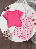 Buy SHEIN Baby Girl Casual Fashionable Berry Printed Overalls Shorts & Solid Short Sleeve T-Shirt Summer Outfit in Pakistan