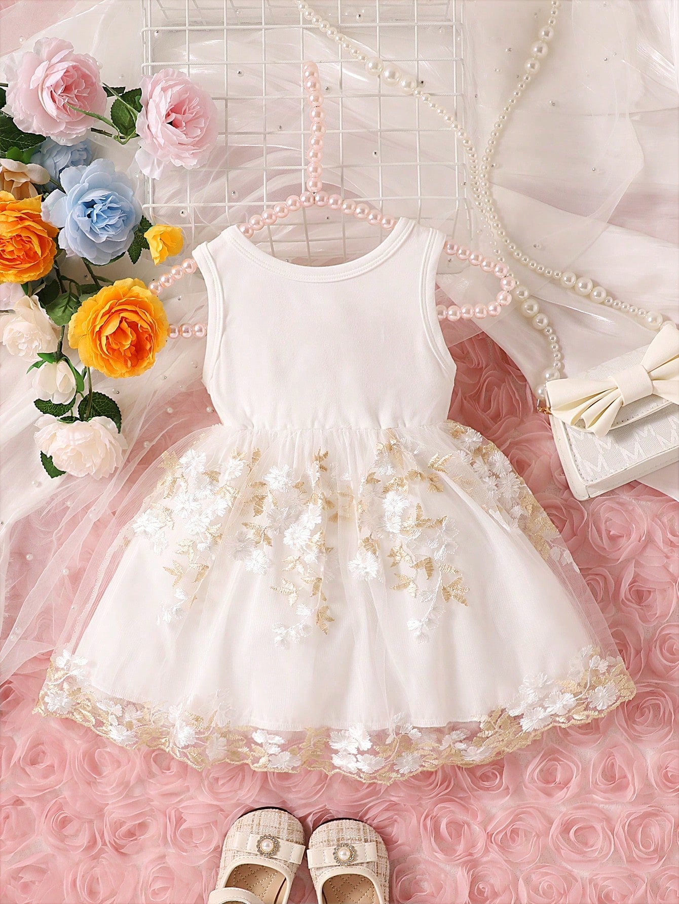 Buy SHEIN Baby Girl Floral Embroidery Bow Front Mesh Overlay Dress in Pakistan