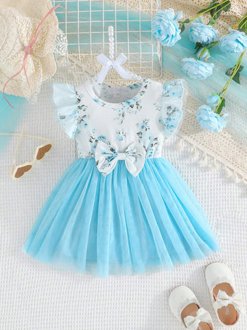 Buy SHEIN Baby Girl Summer Double-Layer Mesh Dress With Ruffle Sleeve Opening And Flower Print, Round Neck And Dual-Layer Mesh With Bow Decoration in Pakistan