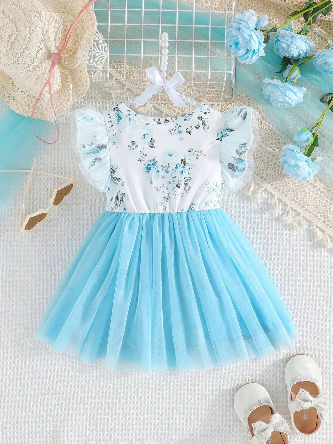 Buy SHEIN Baby Girl Summer Double-Layer Mesh Dress With Ruffle Sleeve Opening And Flower Print, Round Neck And Dual-Layer Mesh With Bow Decoration in Pakistan