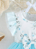 Buy SHEIN Baby Girl Summer Double-Layer Mesh Dress With Ruffle Sleeve Opening And Flower Print, Round Neck And Dual-Layer Mesh With Bow Decoration in Pakistan