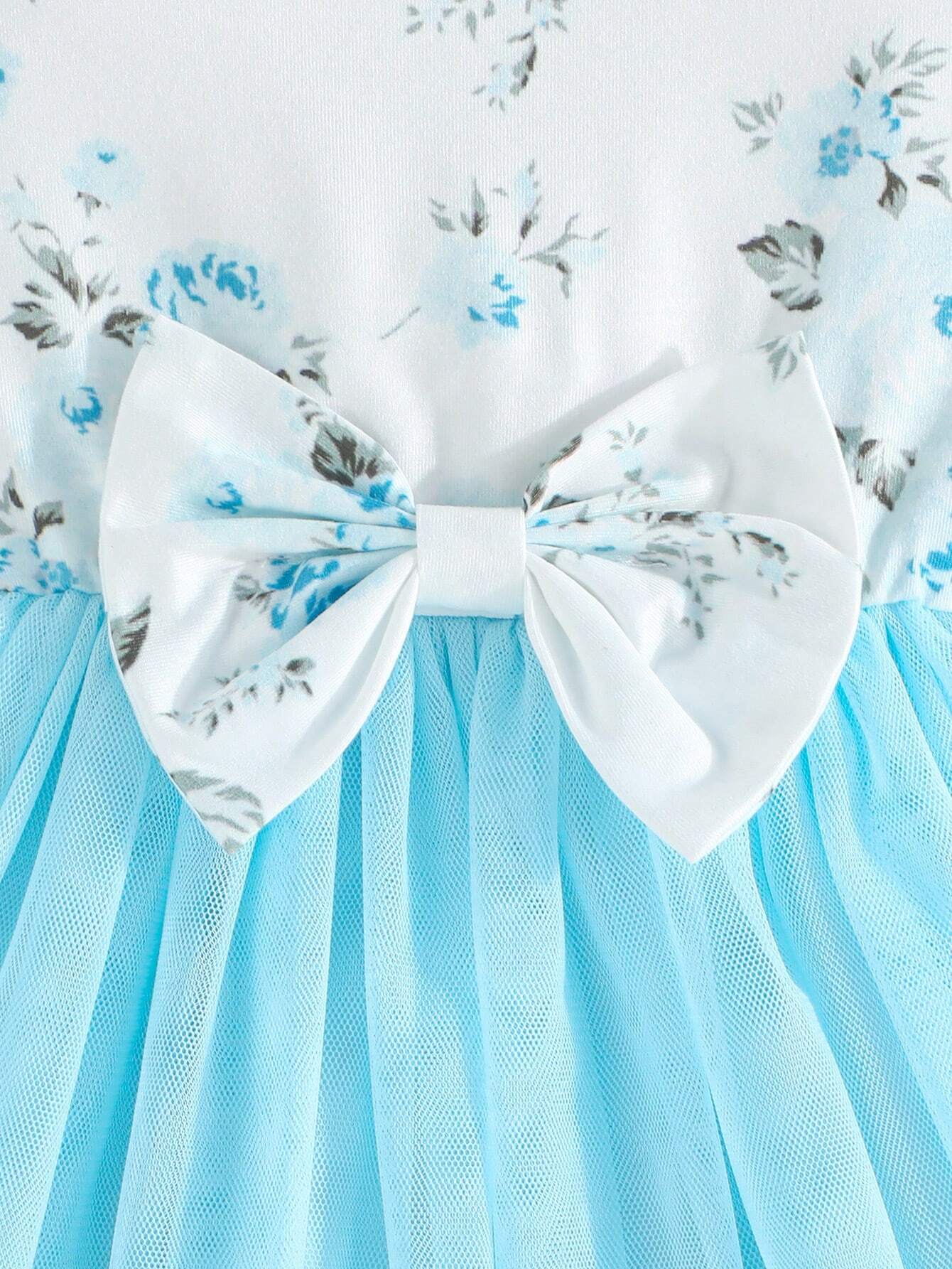 Buy SHEIN Baby Girl Summer Double-Layer Mesh Dress With Ruffle Sleeve Opening And Flower Print, Round Neck And Dual-Layer Mesh With Bow Decoration in Pakistan