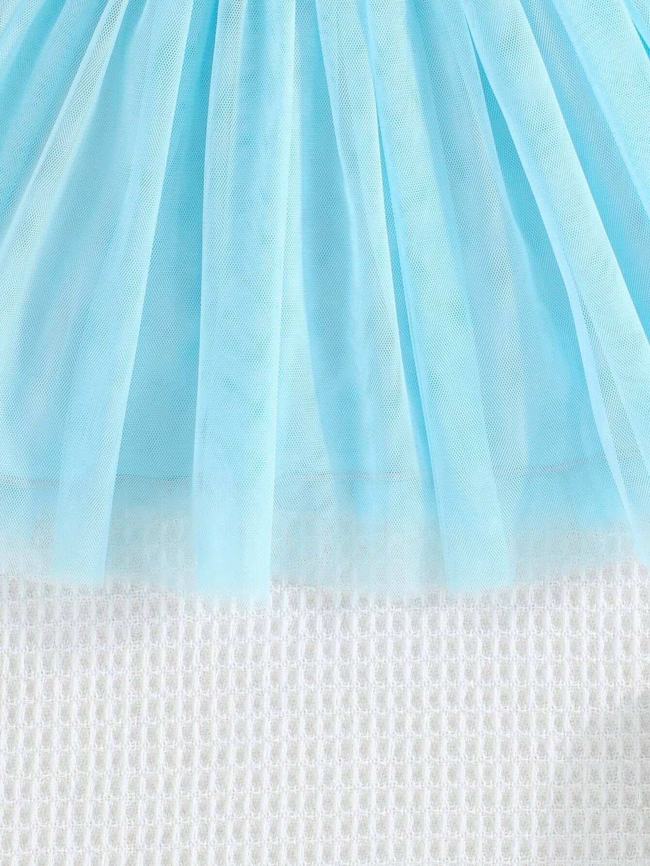 Buy SHEIN Baby Girl Summer Double-Layer Mesh Dress With Ruffle Sleeve Opening And Flower Print, Round Neck And Dual-Layer Mesh With Bow Decoration in Pakistan