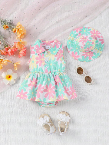 Buy SHEIN Baby Girls Sleeveless Floral Print Open Front Lapel Ruffle One-Piece Romper + Sun Hat, Summer in Pakistan