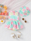 Buy SHEIN Baby Girls Sleeveless Floral Print Open Front Lapel Ruffle One-Piece Romper + Sun Hat, Summer in Pakistan