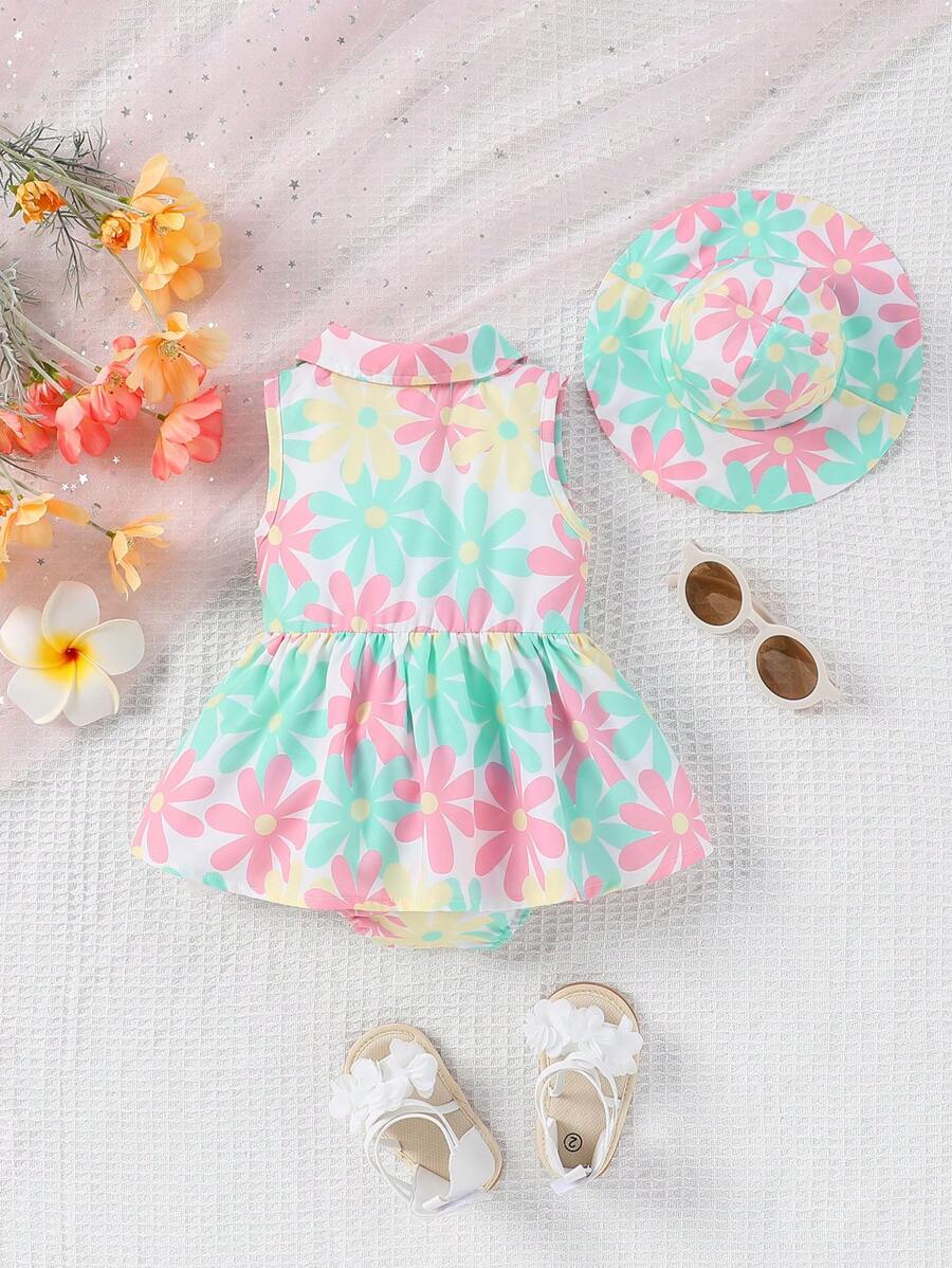 Buy SHEIN Baby Girls Sleeveless Floral Print Open Front Lapel Ruffle One-Piece Romper + Sun Hat, Summer in Pakistan