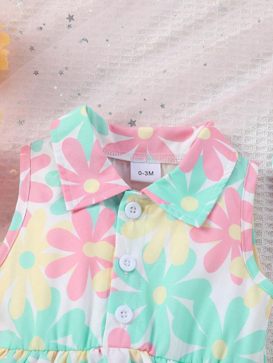 Buy SHEIN Baby Girls Sleeveless Floral Print Open Front Lapel Ruffle One-Piece Romper + Sun Hat, Summer in Pakistan