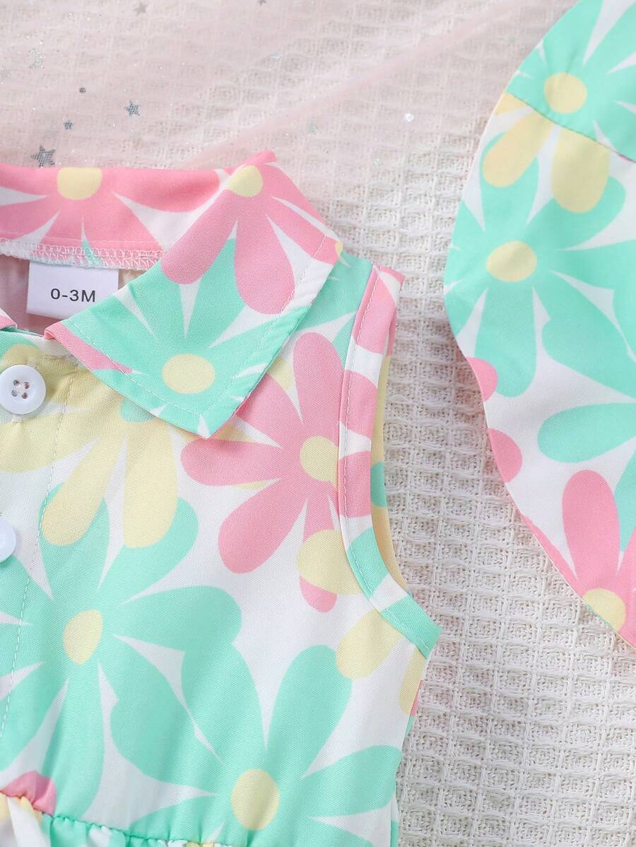Buy SHEIN Baby Girls Sleeveless Floral Print Open Front Lapel Ruffle One-Piece Romper + Sun Hat, Summer in Pakistan