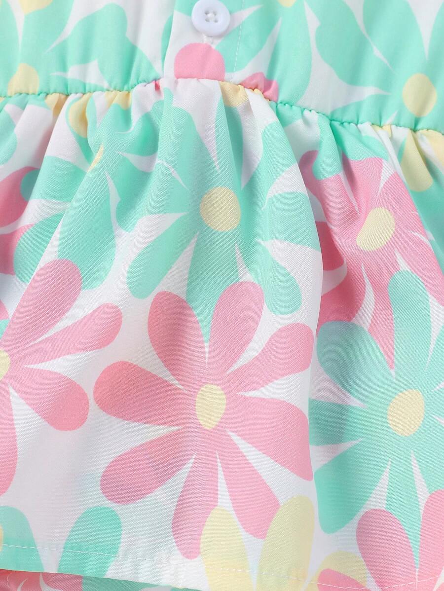 Buy SHEIN Baby Girls Sleeveless Floral Print Open Front Lapel Ruffle One-Piece Romper + Sun Hat, Summer in Pakistan