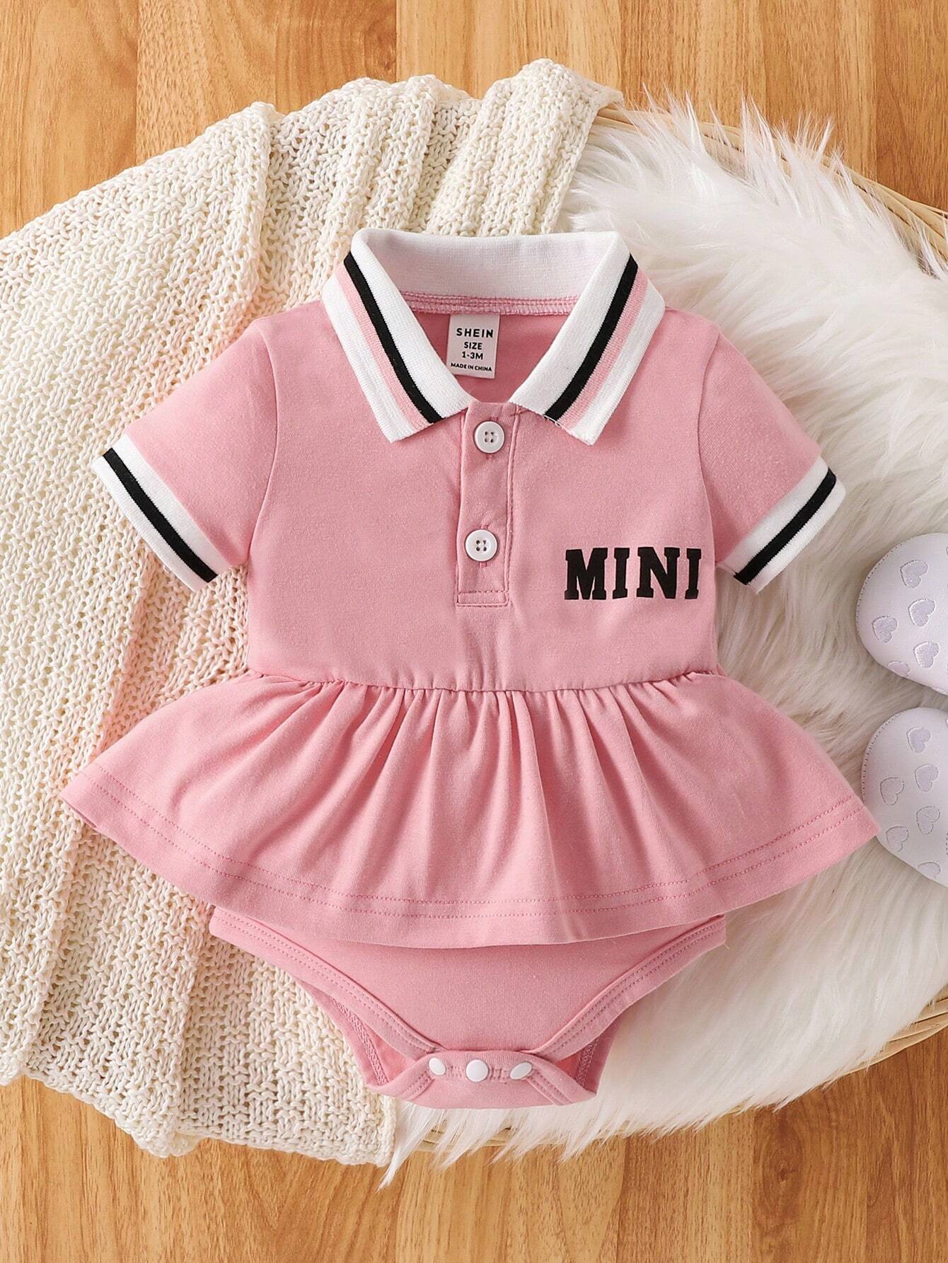 Buy SHEIN Baby Girl's Striped Bodysuit With Collar, Casual Simple Style With Letter Print For Spring And Summer in Pakistan