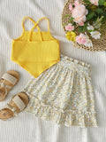 Buy SHEIN Baby Hanky Hem Cami Top & Ditsy Floral Print Paperbag Waist Belted Skirt in Pakistan