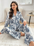 Buy SHEIN Blue & White Tree Print Lapel Collared Long Sleeve Pajama Set in Pakistan