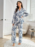 Buy SHEIN Blue & White Tree Print Lapel Collared Long Sleeve Pajama Set in Pakistan