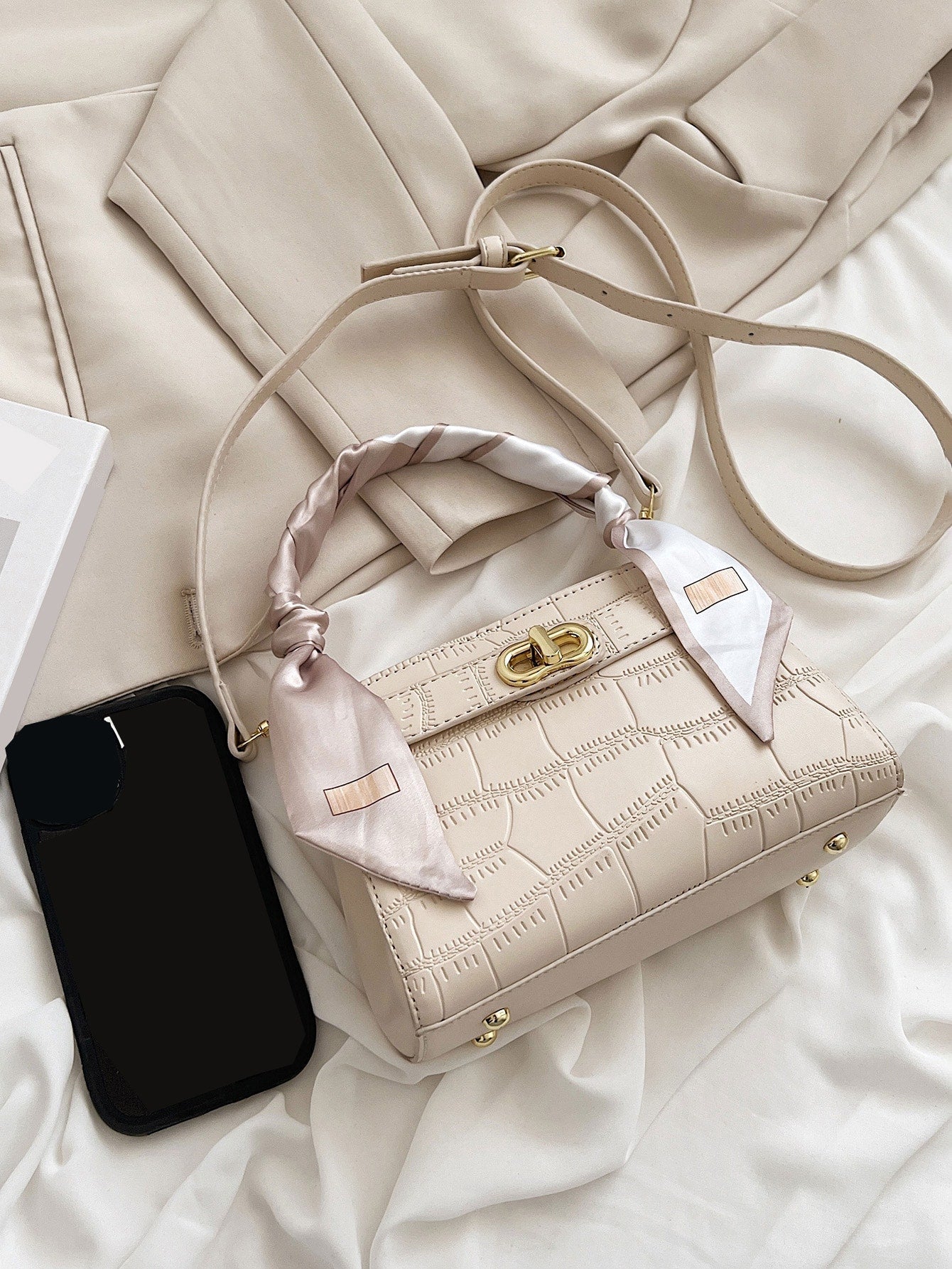 Buy SHEIN Bow Decor Elegant,,Old Money,Business Casual,Lightweight,Business Casual Mini Crocodile Embossed Twilly Scarf Decor Twist Lock Square Bag in Pakistan